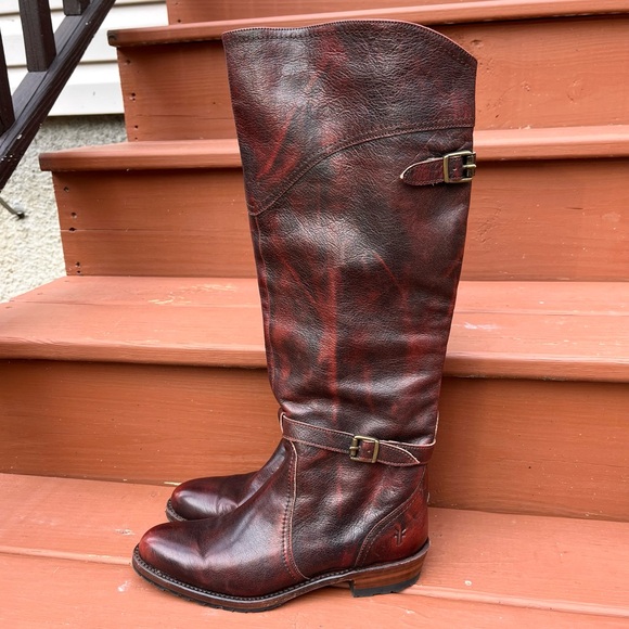 Frye Dorado Tall Riding Buckle Boot Bordeaux Burgundy Leather Size 8